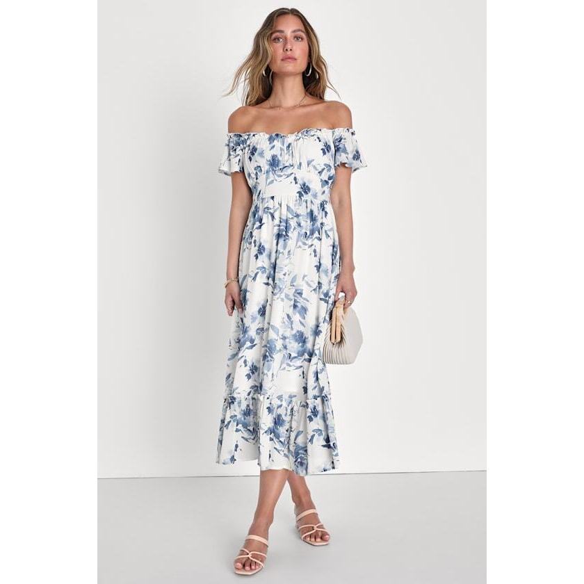 Lulus Delightfully Sweet White Floral Off-The-Shoulder Midi Dress - Size S
